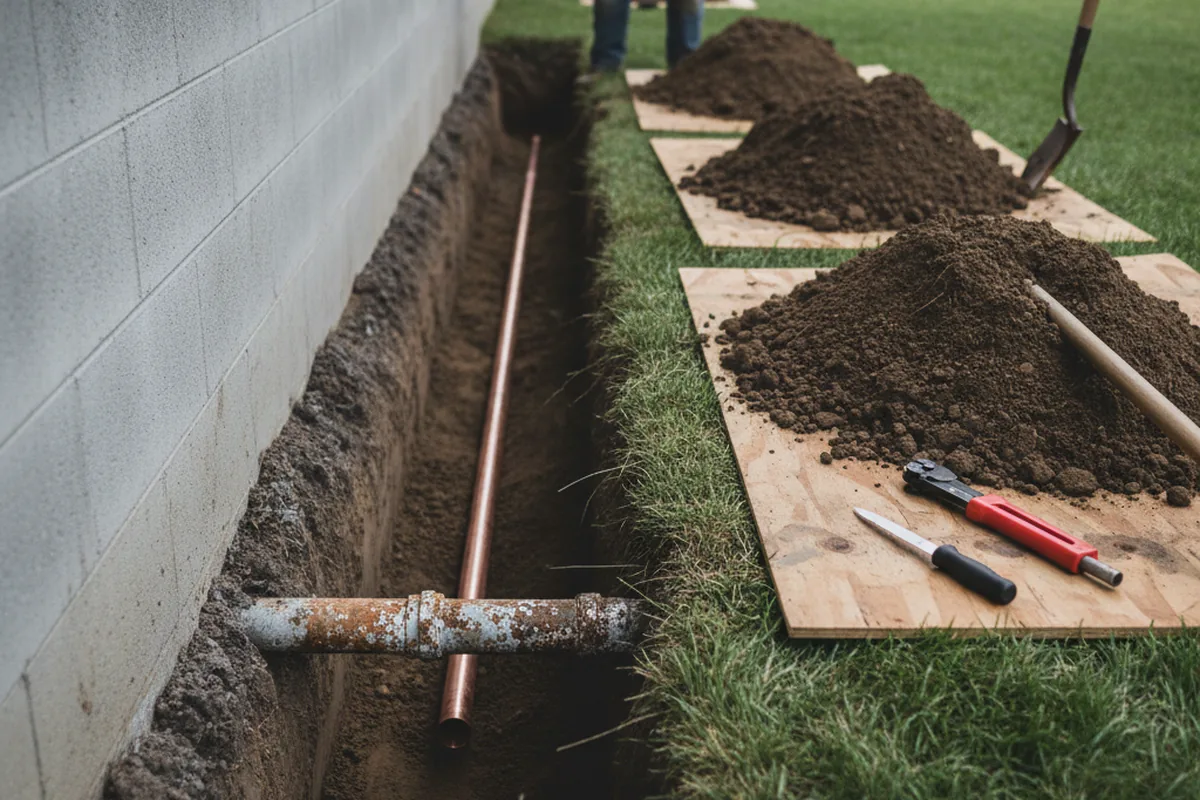 Excavated water line trench during Water Heater Repair in Spokane